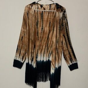Reba Beige and Black Batik Patterned Fringed Cardigan